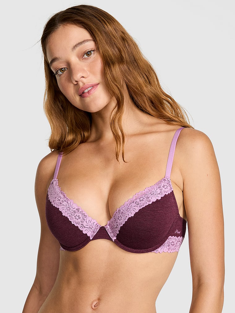 PINK Wear Everywhere Wear Everywhere Push-Up Bra, Heather Burgundy, onModelFront, 1 of 3 Ruby is 5'6" or 168cm and wears 32A or Small