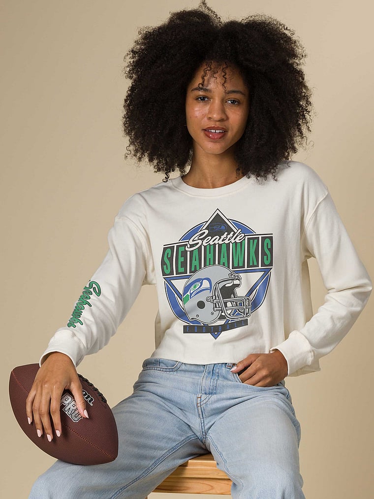 Victoria's Secret, Junk Food Clothing Seattle Seahawks Helmet Crop Fleece, Vintage White - Seahawks, onModelFront, 1 of 4