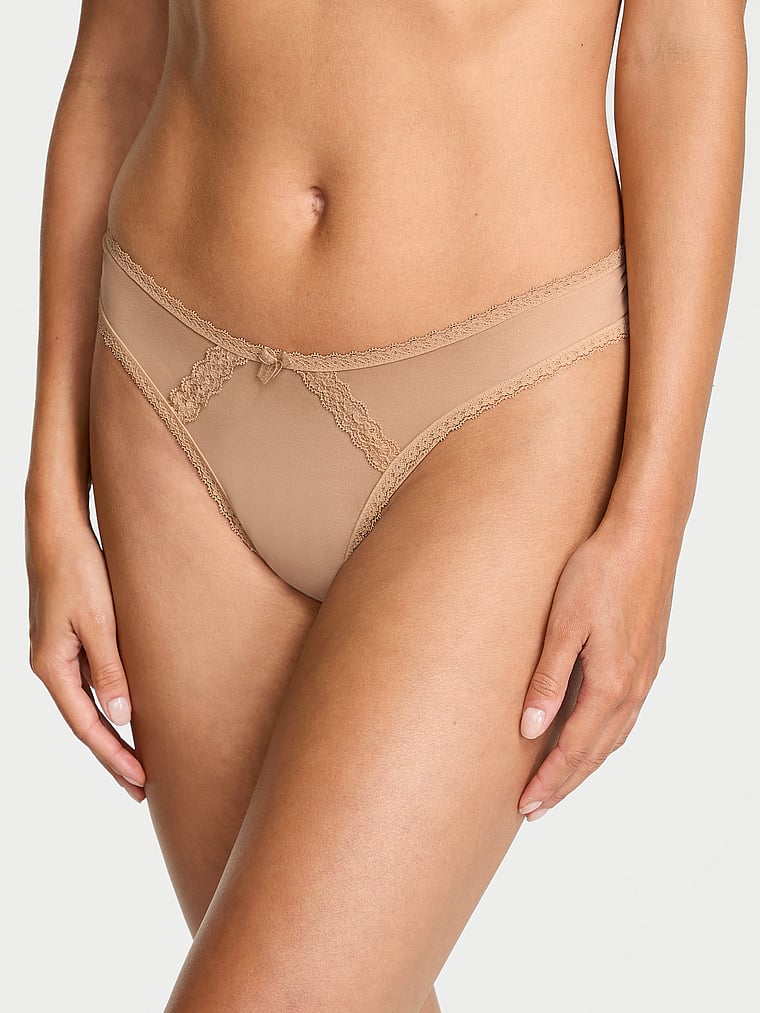 Victoria's Secret, Dream Angels Lace Rhinestone Heart Hardware Brazilian Panty, Praline, onModelFront, 1 of 3 Maia is 5'9" and wears Small