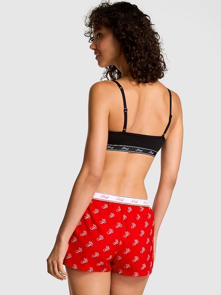 PINK Flannel Boxy Pajama Shorts, Bright Vermillion Script P Logo, onModelBack, 2 of 2 Rae is 5'10" or 178cm and wears Small