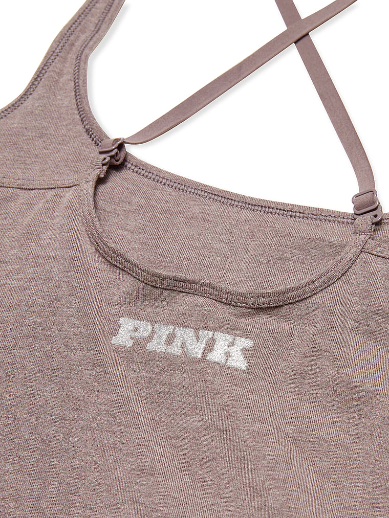 PINK All-Day Cotton™ Square-Neck Bra Tank, Cocoa Heather Blush Bling, detail, 4 of 4