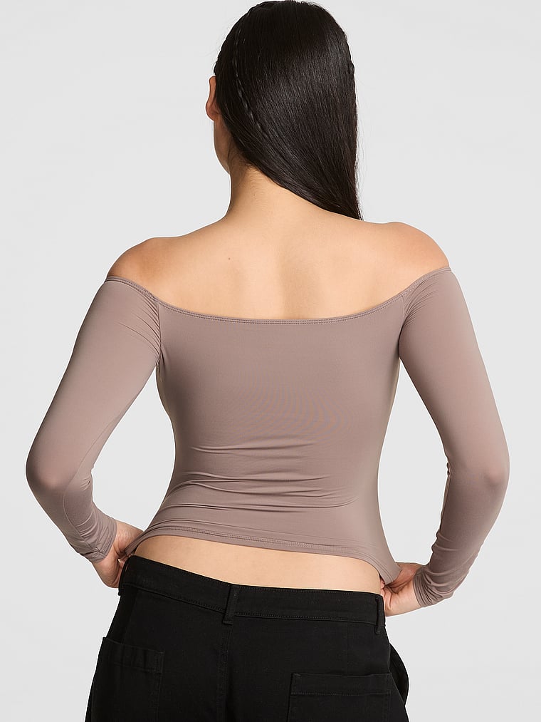 PINK Base Stretch Off-The-Shoulder Long-Sleeve Top, Iced coffee, onModelBack, 2 of 4 Gloria is 5'9" or 175cm and wears Small