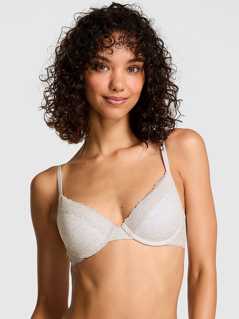PINK Wear Everywhere Wear Everywhere Push-Up Bra, Heather Snow Shine, onModelFront, 1 of 4 Rae is 5'10" or 178cm and wears 34B or Small