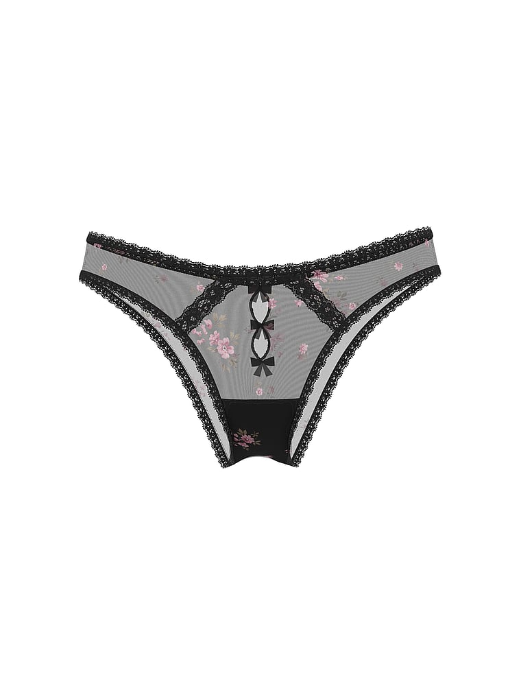 Victoria's Secret, Dream Angels Sheer Lace-Trim Brazilian Panty, Black Ditsy Print, offModelFront, 3 of 3