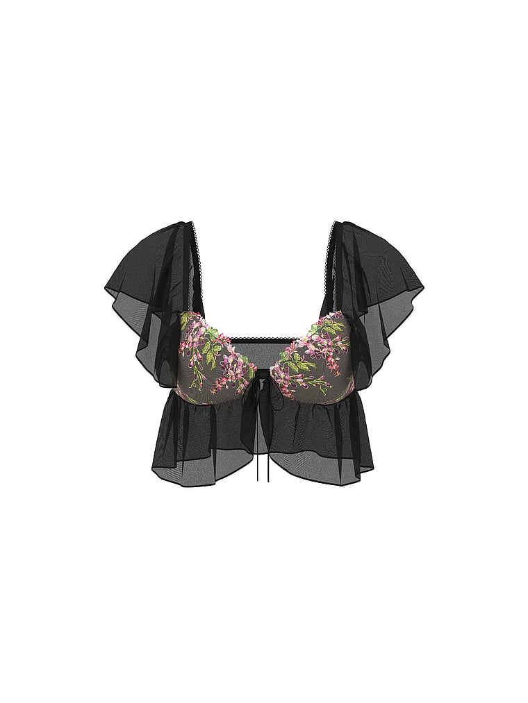 Victoria's Secret, Dream Angels Wisteria Embroidery Flutter Bra Top, Black Wisteria, offModelFront, 3 of 3