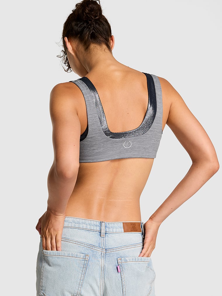 PINK Relay Double Up Square-Neck Bra, Night Owl Grey Marl, onModelBack, 2 of 5 Rae is 5'10" or 178cm and wears 34B or Small