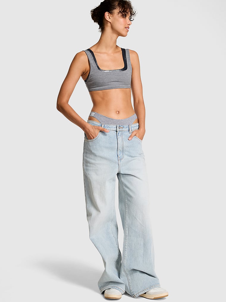 PINK Relay Double Up Square-Neck Bra, Night Owl Grey Marl, onModelFront, 1 of 5 Rae is 5'10" or 178cm and wears 34B or Small