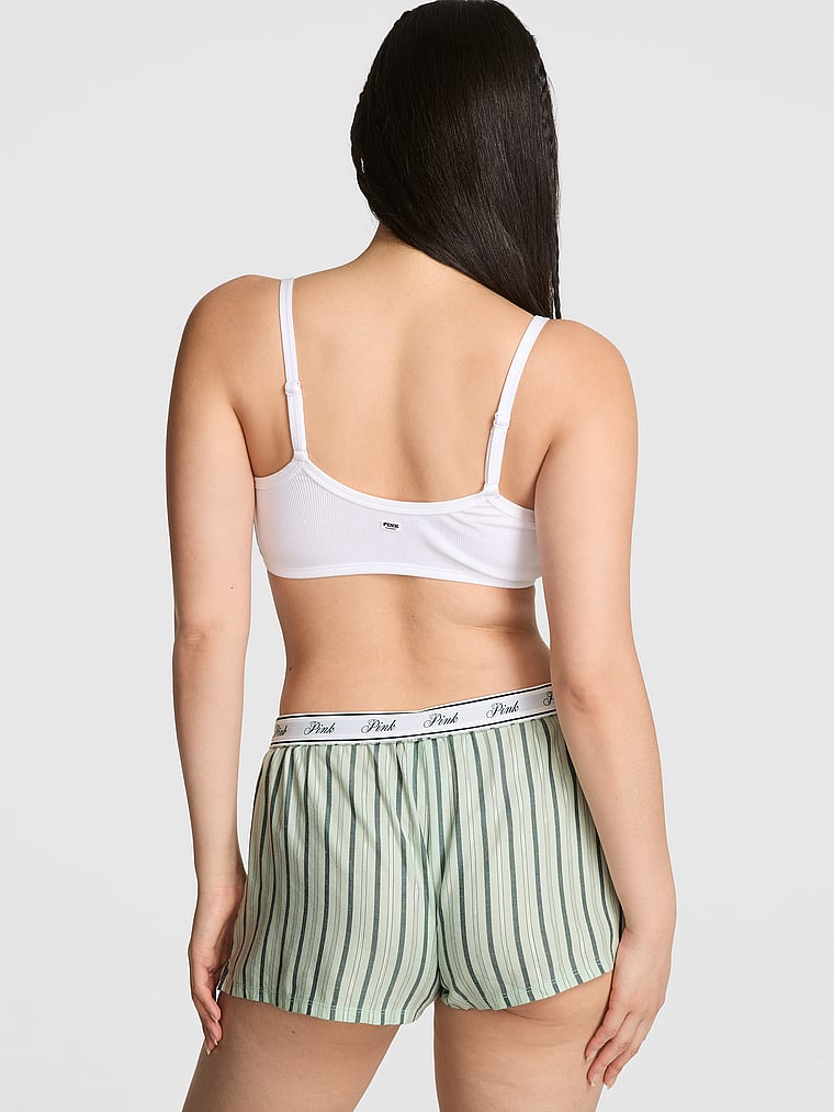 PINK TENCEL™ Boxy Pajama Shorts, Deep Forest/mint Stripes, onModelBack, 2 of 2 Gloria is 5'9" or 175cm and wears Small