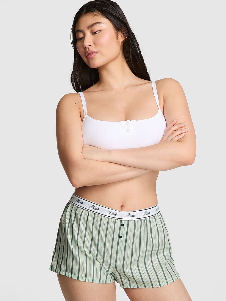 PINK TENCEL™ Boxy Pajama Shorts, Deep Forest/mint Stripes, onModelFront, 1 of 2 Gloria is 5'9" or 175cm and wears Small