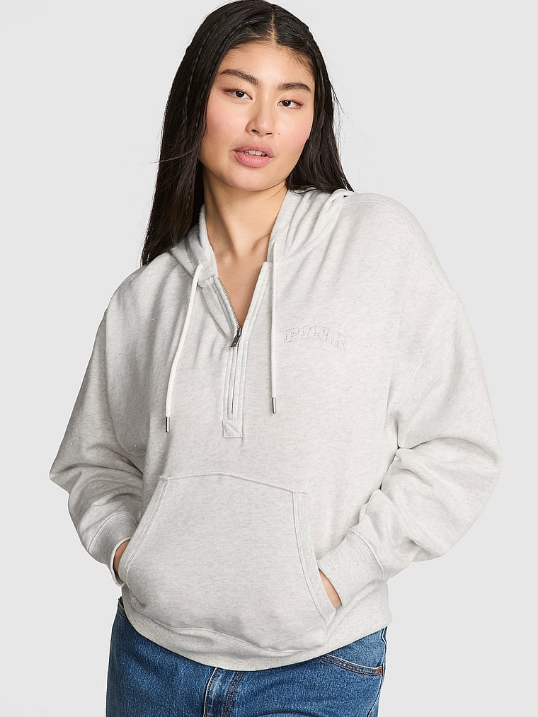 PINK Campus Fleece™ Half-Zip Hoodie, VS Snow Heather Angelina, onModelFront, 1 of 4 Gloria is 5'9" or 175cm and wears Small