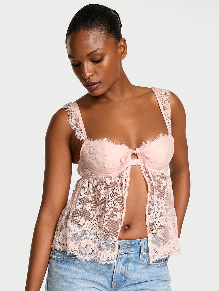 Victoria's Secret, Dream Angels Wicked Unlined Lace Flyaway Bra Top, Purest Pink, onModelFront, 1 of 3