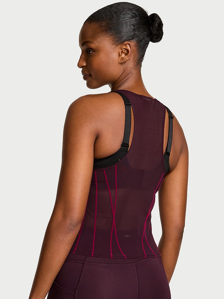 Victoria's Secret, VSX VSX Flocked Mesh Tank Top, Winter Wine, onModelBack, 2 of 3 Tsheca  is 5'9" or 175cm and wears Small