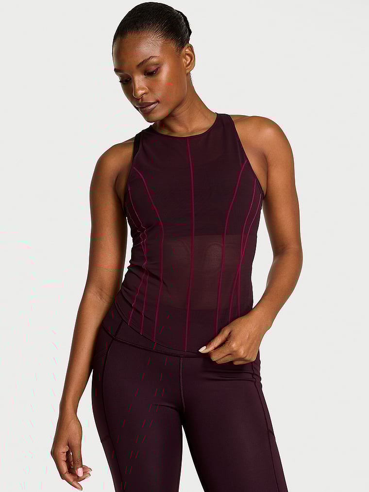 Victoria's Secret, VSX VSX Flocked Mesh Tank Top, Winter Wine, onModelFront, 1 of 3 Tsheca  is 5'9" or 175cm and wears Small