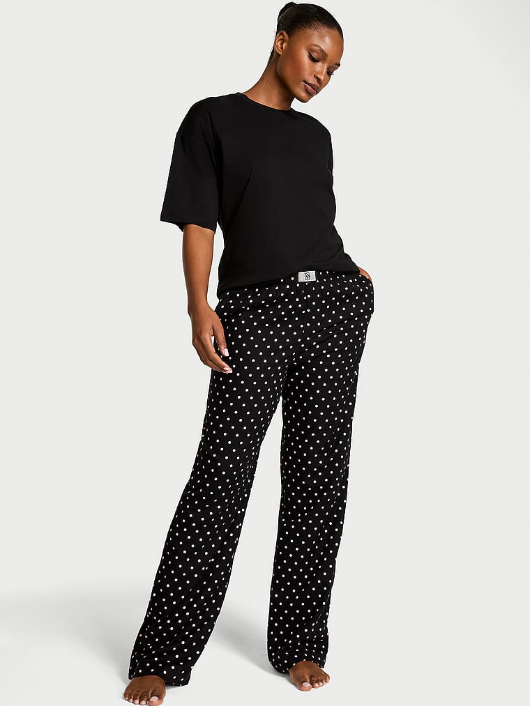 Victoria's Secret, Victoria's Secret Flannel Short-Sleeve Long Tee-Jama Set, Black Aspirin Dot, onModelFront, 1 of 4 Tsheca is 5'9" or 175cm and wears S/Long