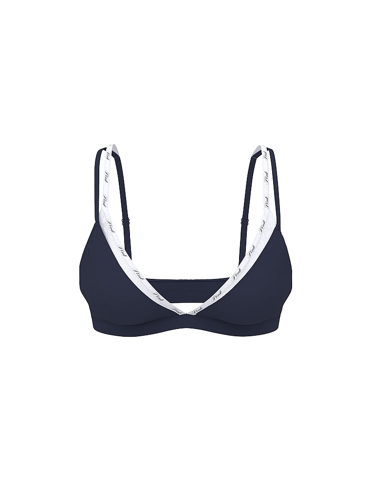 PINK Logo Cotton Strappy Triangle Bralette, Noir Navy / White, offModelFront, 3 of 3