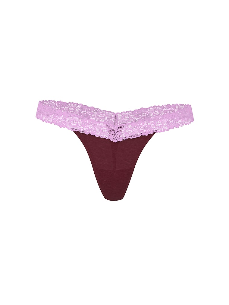 PINK Cotton Lace-Trim Thong Panty, Burgundy, offModelFront, 2 of 4