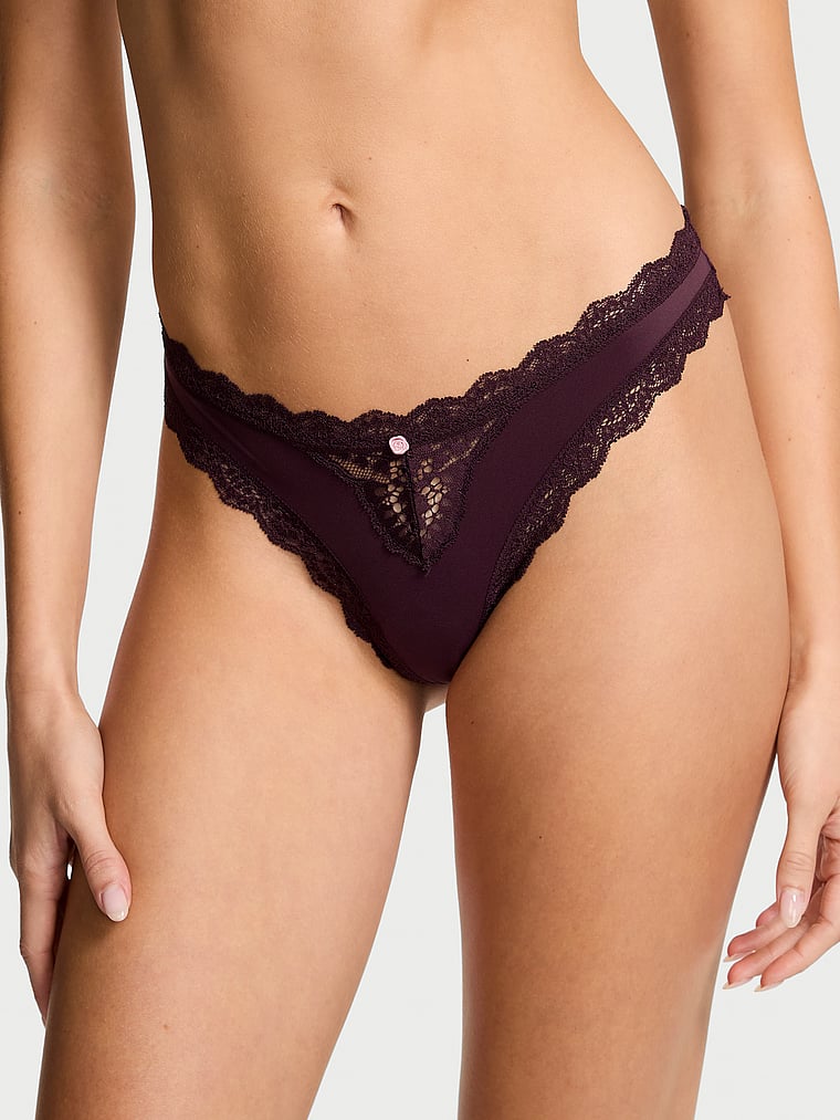 Victoria's Secret, Dream Angels Lace Thong Panty, Winter Wine, onModelFront, 1 of 4 Kennidy is 5'11" and wears Small