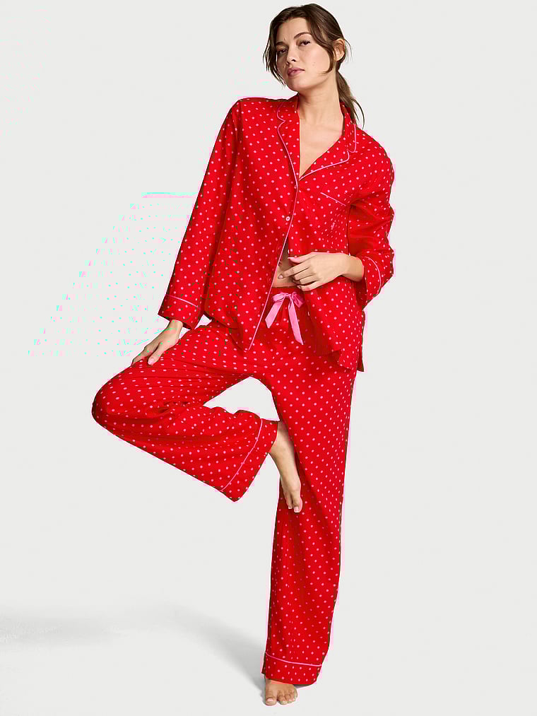 Victoria's Secret, Victoria's Secret Flannel Long Pajama Set, Lipstick Aspirin Dot, onModelFront, 1 of 3 Kennidy is 5'11" or 180cm and wears S/Long