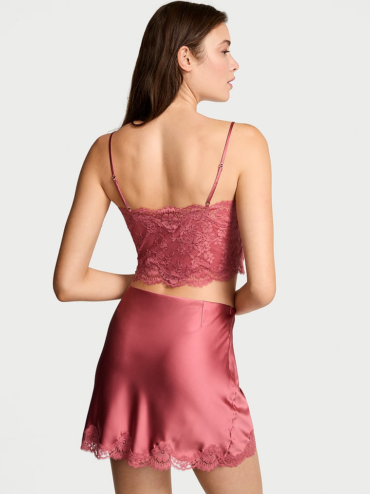 Victoria's Secret, Dream Angels Satin Lace Cami & Mini Skirt Set, Seductive Rose, onModelBack, 3 of 3