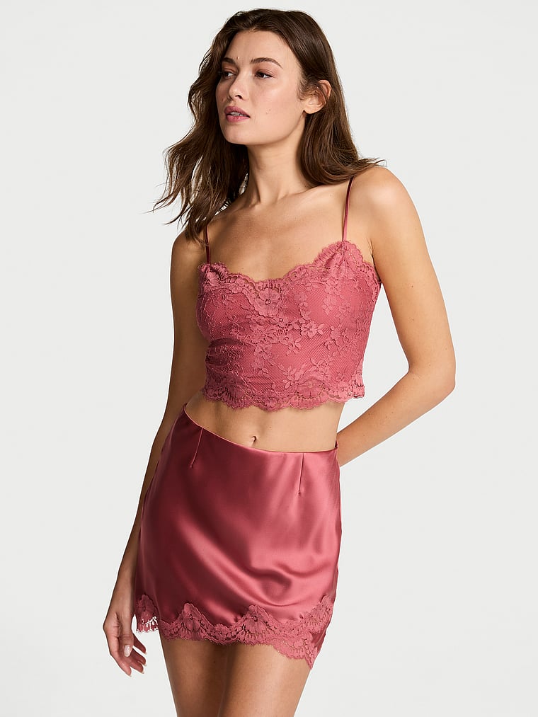 Victoria's Secret, Dream Angels Satin Lace Cami & Mini Skirt Set, Seductive Rose, onModelFront, 2 of 3