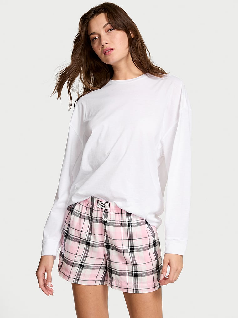 Victoria's Secret, Victoria's Secret Flannel Long-Sleeve Short Tee-Jama Set, Coconut White/Black Gold Lurex Stripe Yd, onModelFront, 1 of 4 Kennidy is 5'11" or 180cm and wears S/Long
