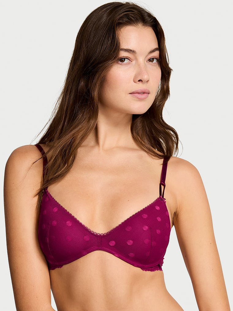 Victoria's Secret, Victoria's Secret Sexy Tee Sheer Heritage Dot Wireless Push-Up Bra, Fresh Jam, onModelFront, 1 of 5 Kennidy is 5'11" and wears 34B or Small