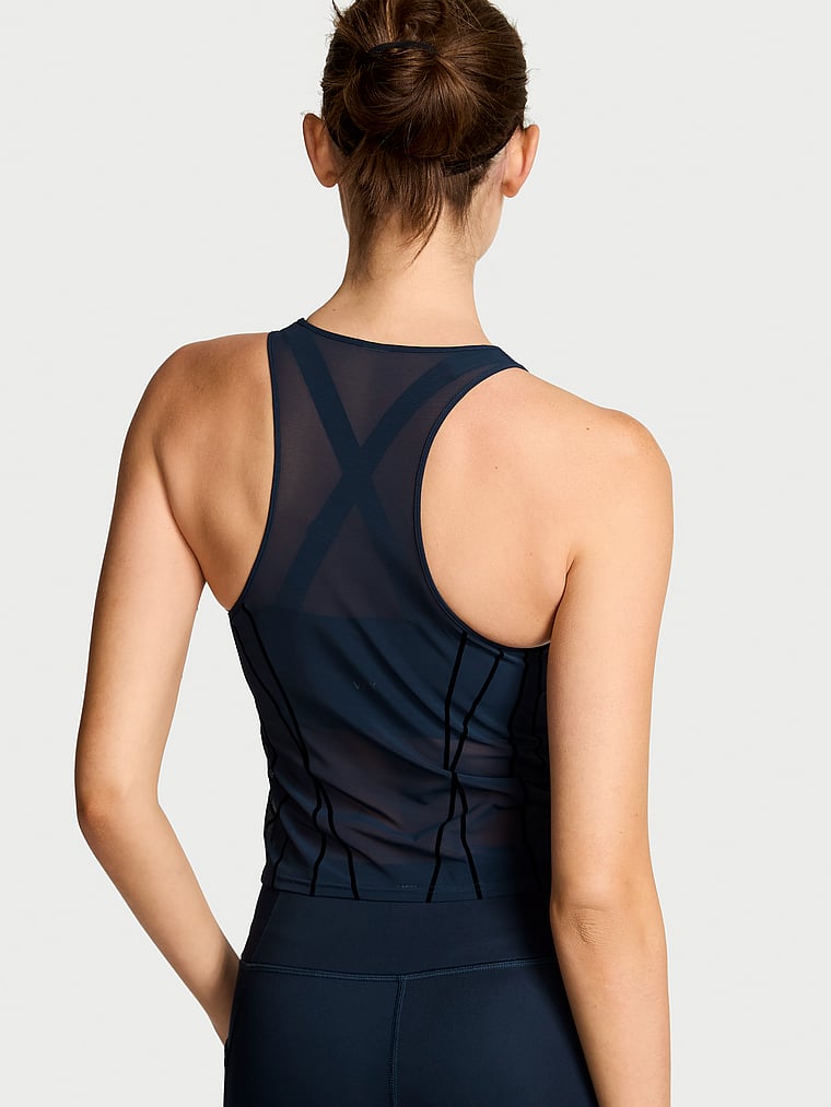 Victoria's Secret, VSX VSX Flocked Mesh Tank Top, Impact Blue, onModelBack, 2 of 3 Kennidy is 5'11" or 180cm and wears Small