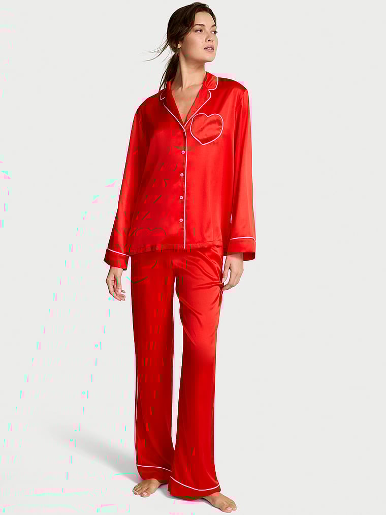 Victoria's Secret, Victoria's Secret Signature Satin Long Pajama Set, Bright Vermillion W Heart Pocket, onModelFront, 1 of 4 Kennidy is 5'11" and wears S/Long