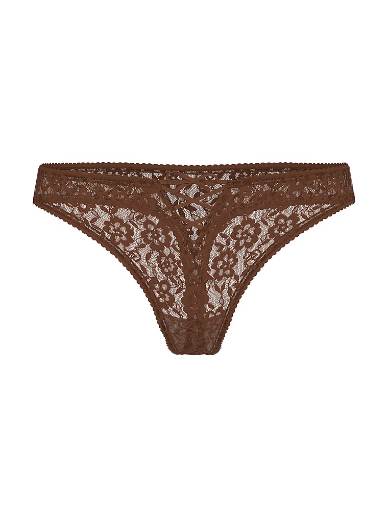 Victoria's Secret, The Lacie Lacie Lace-Up Bow Thong Panty, Ganache, offModelFront, 4 of 5