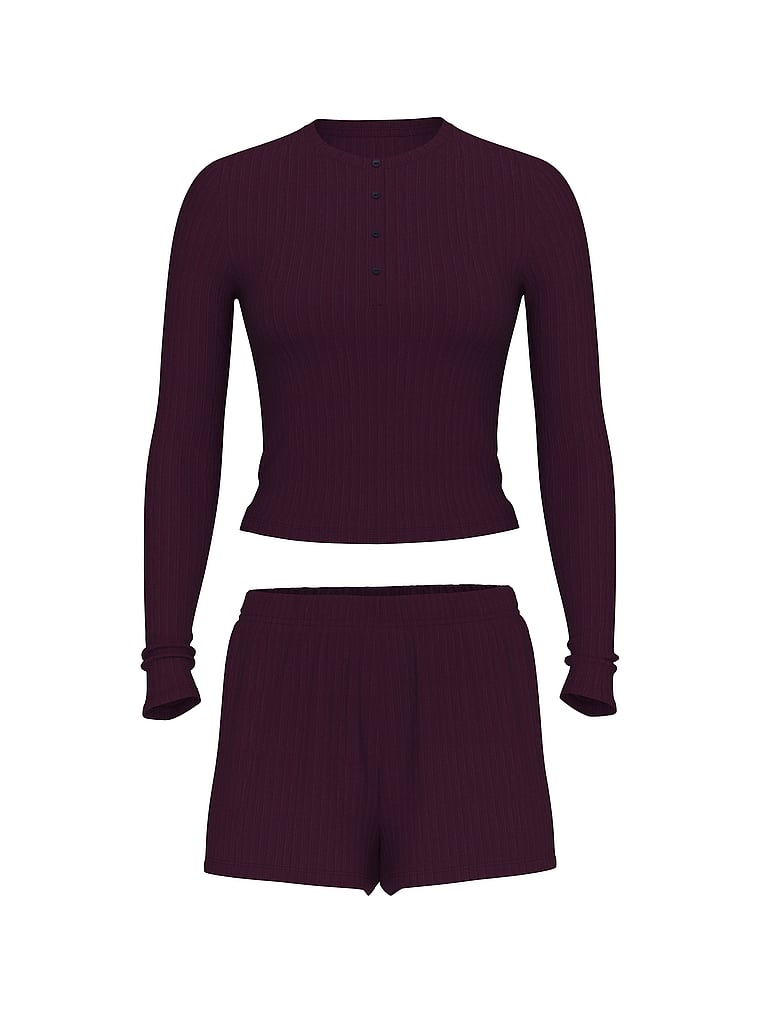 Victoria's Secret, Victoria's Secret Modal Wide-Rib Long-Sleeve Short Lounge Set, Winter Wine, offModelFront, 3 of 3