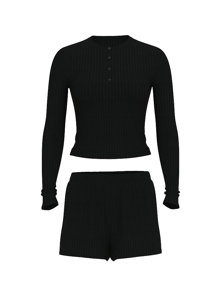 Victoria's Secret, Victoria's Secret SoSoft™ Modal Wide-Rib Long-Sleeve Henley & Shorts Set, Black, offModelFront, 3 of 4