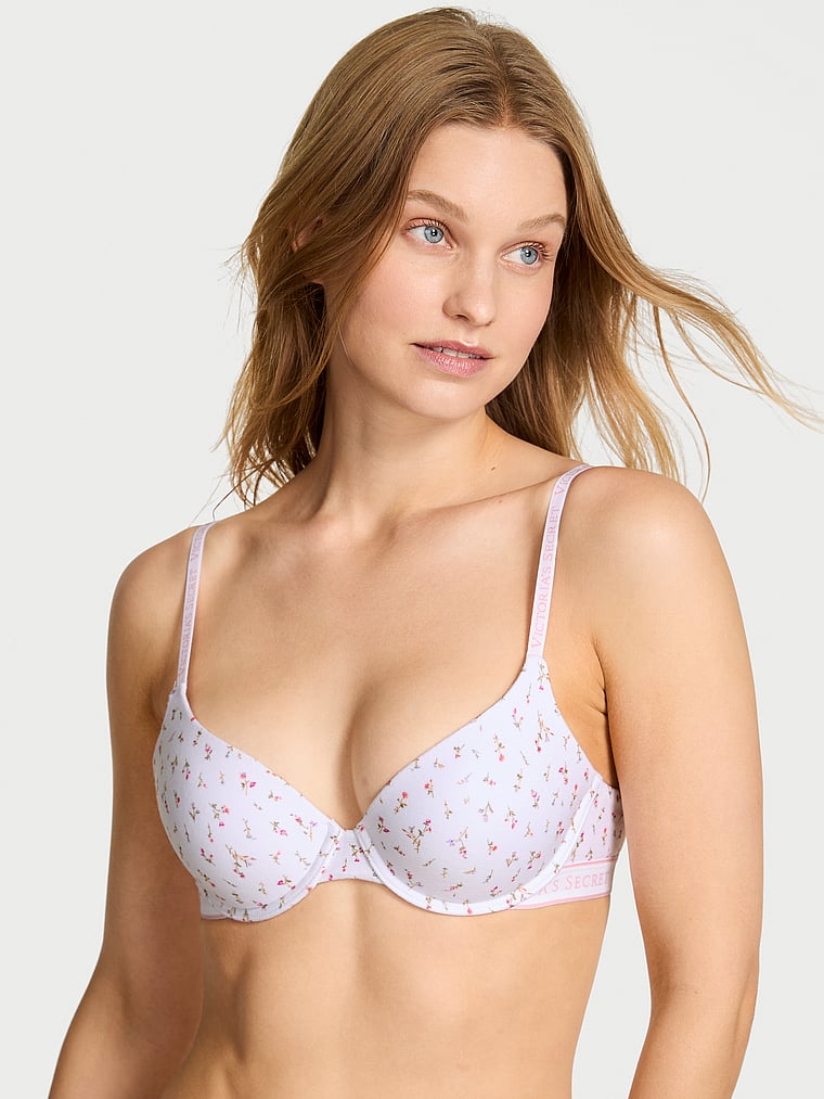 Victoria's Secret, The T-shirt Lightly Lined Cotton Demi Bra, VS White Ditsy, onModelFront, 1 of 3 Lotta is 5'10" and wears 34B or Small
