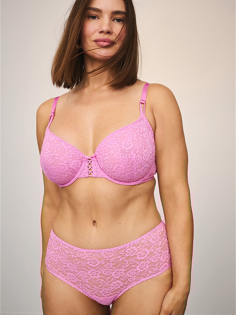 Victoria's Secret, Victoria's Secret Sexy Tee Lacie Lace-Up Unlined Demi Bra, Pink Lilac, onModelSide, 4 of 5