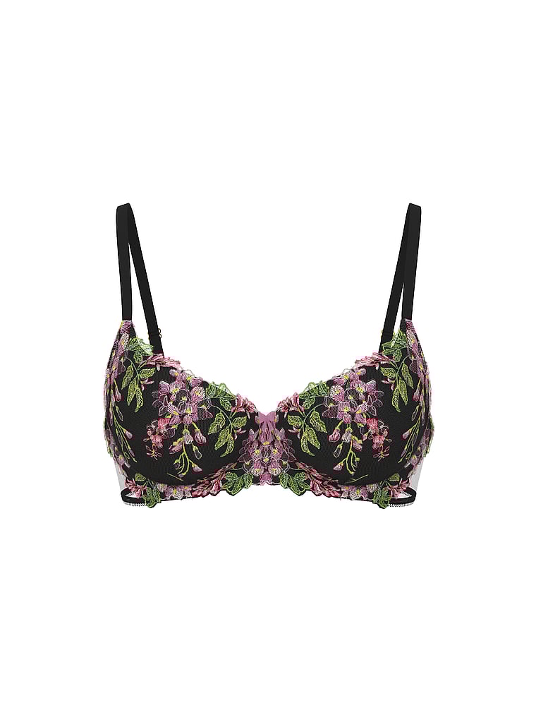 Victoria's Secret, Dream Angels Wisteria Embroidery Lightly Lined Demi Bra, Black Wisteria, offModelFront, 5 of 5