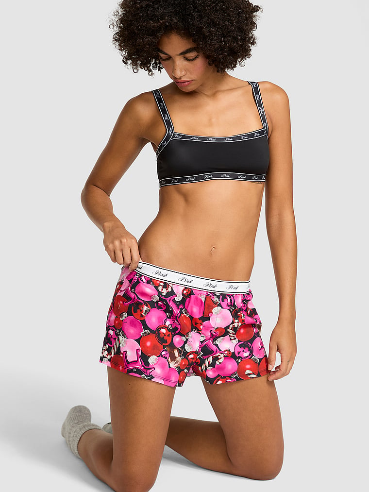 PINK Cotton Boxy Pajama Shorts, Pink Fire Ornaments, onModelSide, 2 of 3 Vanessa is 5'10" and wears Small