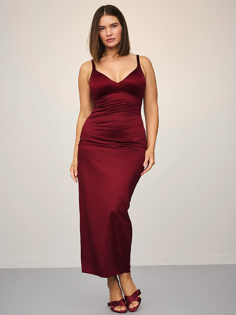 Victoria's Secret, Victoria's Secret SoSleek™ Maxi Slip Dress, Sangria Red, onModelSide, 3 of 5