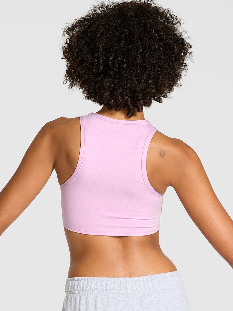 PINK Relay High-Neck Crossover Sports Bra, Hushed Lilac Marl, onModelBack, 2 of 3 Vanessa is 5'10" and wears 32B or Small