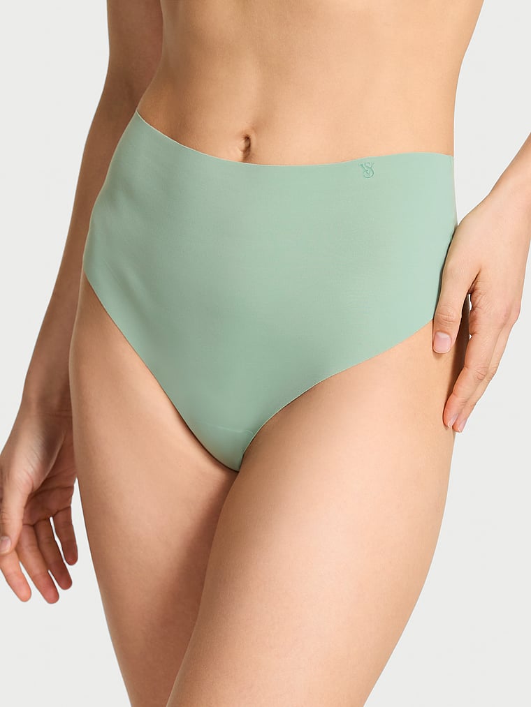 Victoria's Secret, No-Show No-Show Leopard Lace High-Waist Thong Panty, Seasalt Green, onModelFront, 1 of 3 Lotta is 5'10" and wears Small