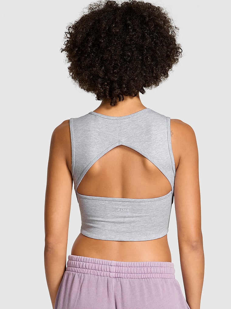 PINK All-Day Cotton™ Henley Scoop Bra, Medium Heather Grey, onModelBack, 2 of 3 Vanessa is 5'10" and wears Small
