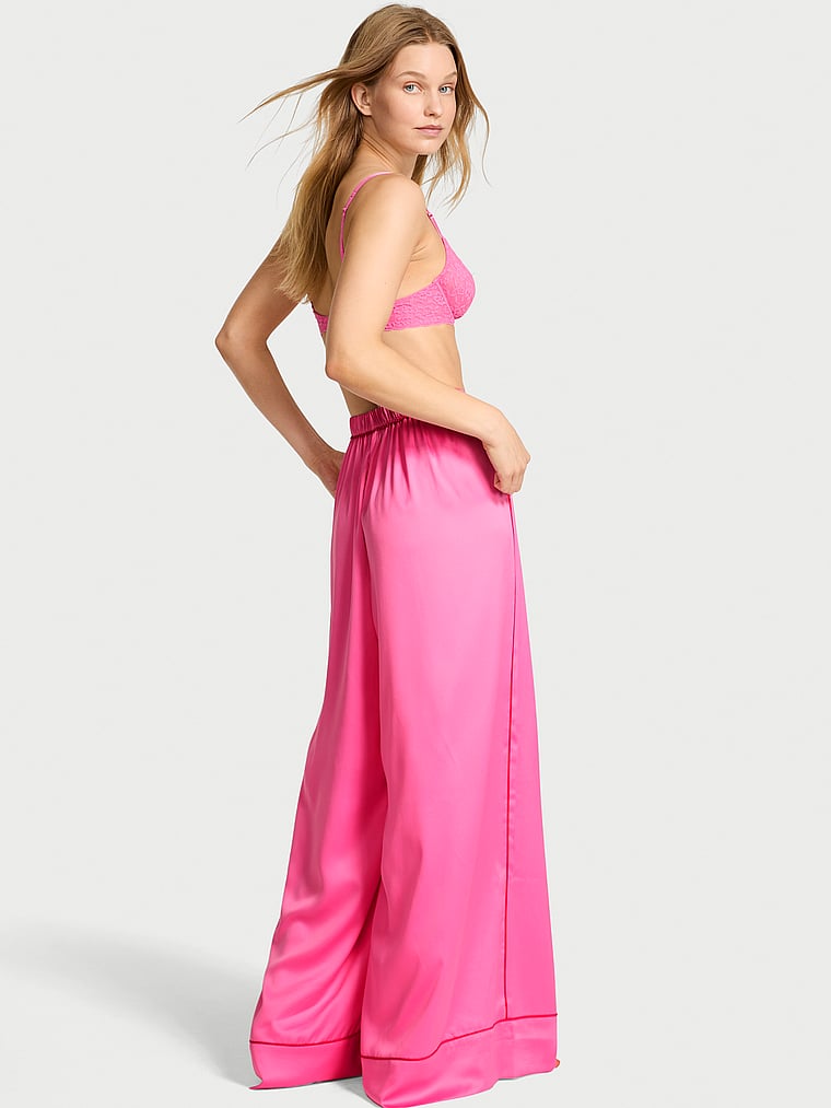 Victoria's Secret, Victoria's Secret Glazed Satin Palazzo Sleep Pants, Hollywood Pink, onModelSide, 2 of 3 Lotta is 5'10" or 178cm and wears Small