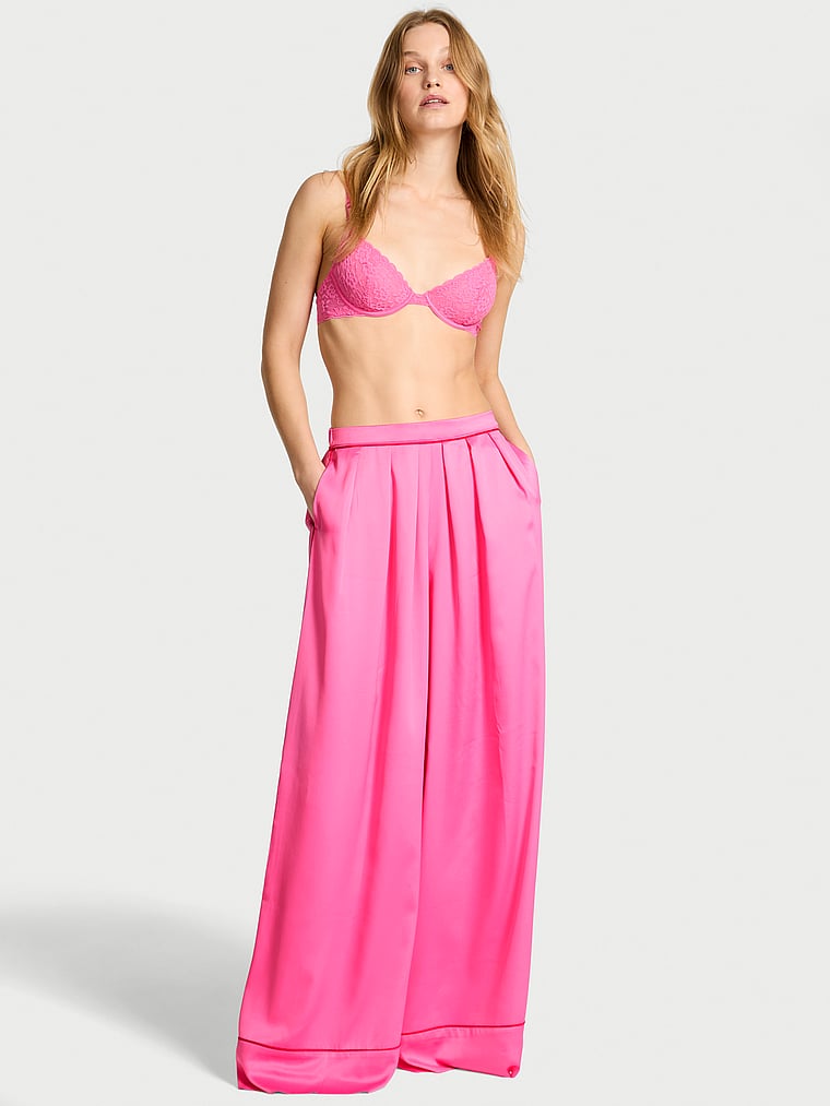 Victoria's Secret, Victoria's Secret Glazed Satin Palazzo Sleep Pants, Hollywood Pink, onModelFront, 1 of 3 Lotta is 5'10" or 178cm and wears Small