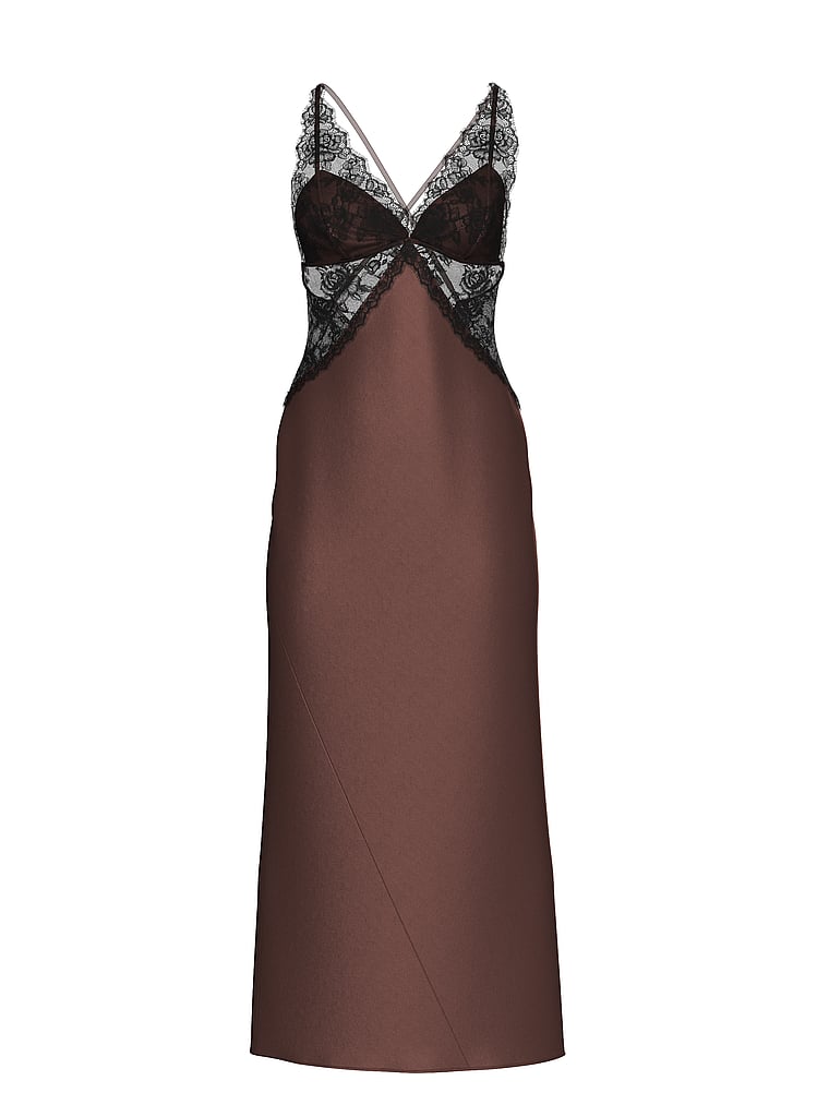 Victoria's Secret, Very Sexy Satin Rose Lace Long Slip Dress, Ganache, offModelFront, 4 of 4