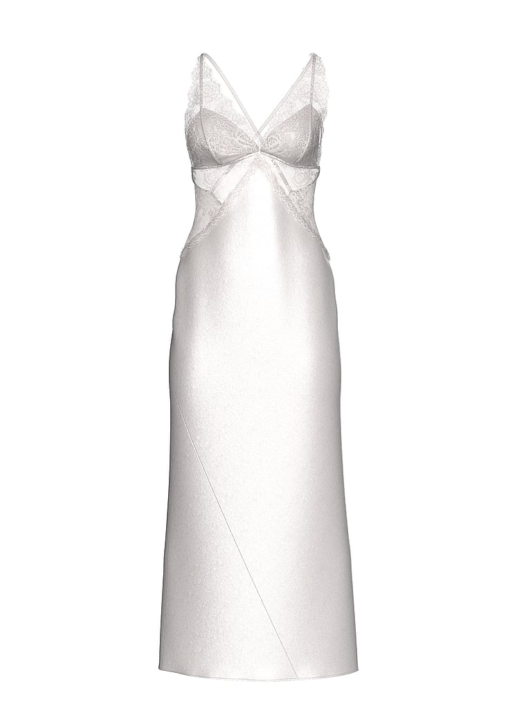 Victoria's Secret, Very Sexy Satin Rose Lace Long Slip Dress, Coconut White, offModelFront, 3 of 3
