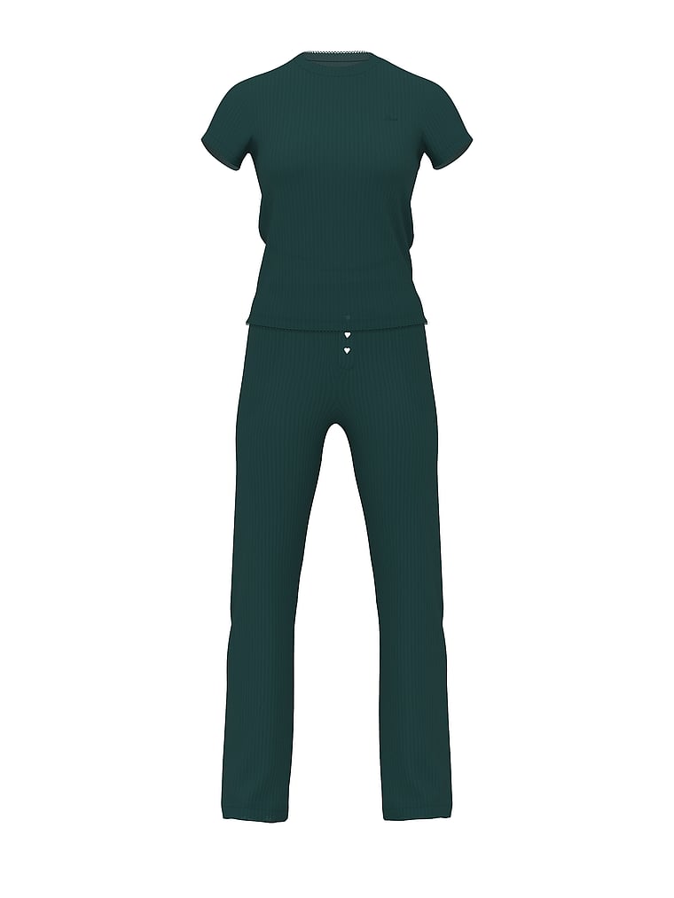 PINK Wide-Ribbed Long Pajama Set, Green, offModelFront, 3 of 4