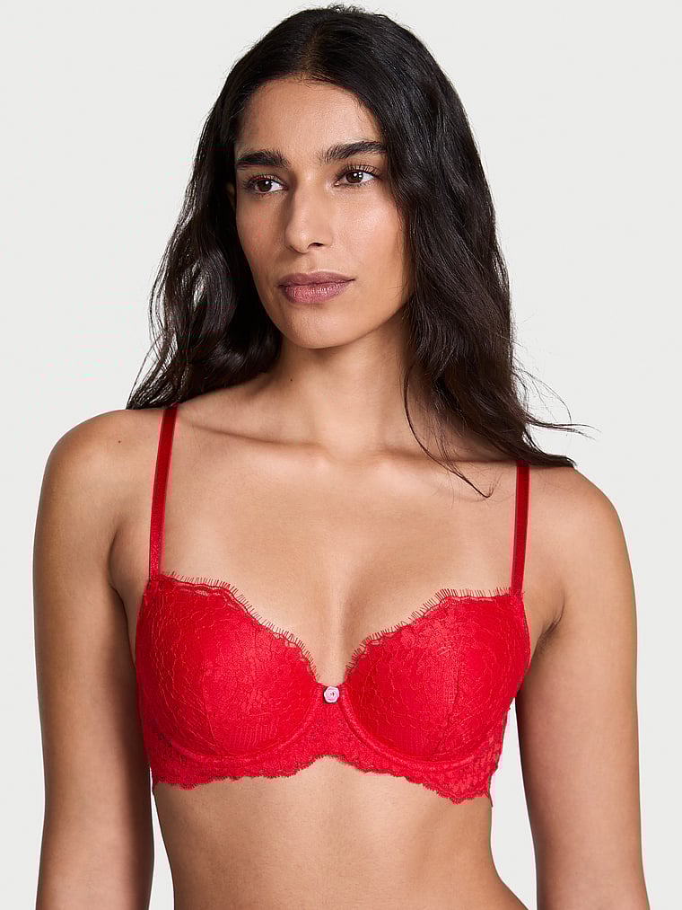 Victoria's Secret, Dream Angels Smooth & Lace Lightly Lined Demi Bra, Bright Vermillion, onModelBack, 3 of 5