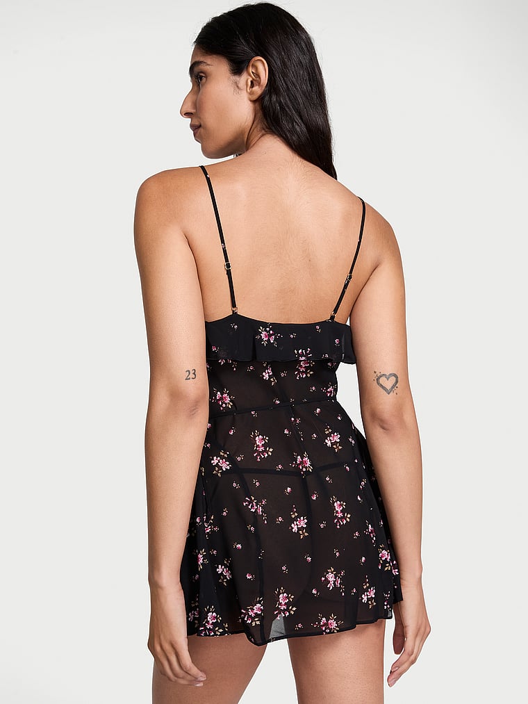 Victoria's Secret, Dream Angels Wisteria Sheer Chiffon Babydoll Set, Black Floral, onModelBack, 2 of 3 Tsheca  is 5'9" and wears 34B or Small