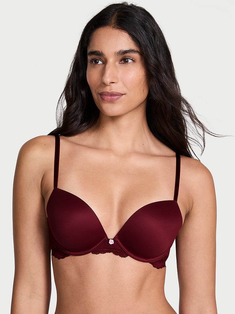 Victoria's Secret, Dream Angels Twinkle Lace Push-Up Bra, Sangria Red, onModelFront, 1 of 4 Anisha is 5'11" or 180cm and wears 34B or Small