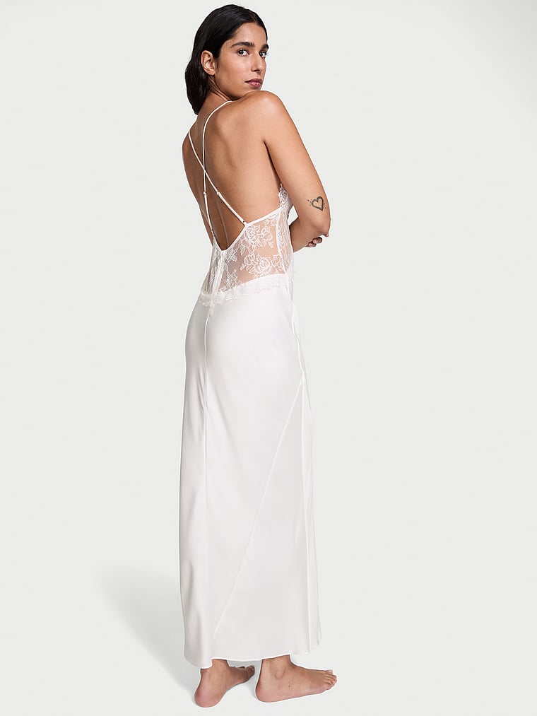 Victoria's Secret, Very Sexy Satin Rose Lace Long Slip Dress, Coconut White, onModelBack, 2 of 3 Anisha is 5'11" or 180cm and wears Small