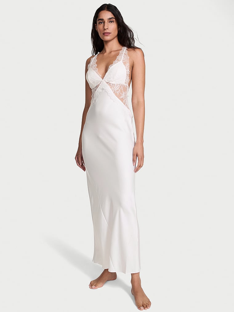 Victoria's Secret, Very Sexy Satin Rose Lace Long Slip Dress, Coconut White, onModelFront, 1 of 3 Anisha is 5'11" or 180cm and wears Small