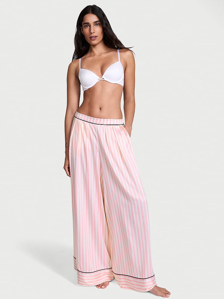Victoria's Secret, Victoria's Secret Glazed Satin Palazzo Sleep Pants, Iconic Stripe, onModelSide, 2 of 3 Anisha is 5'11" or 180cm and wears Small
